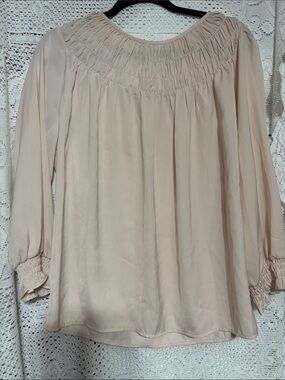 Smocked Yoke & cuffs Long-Sleeve Blouse in Soft Blush